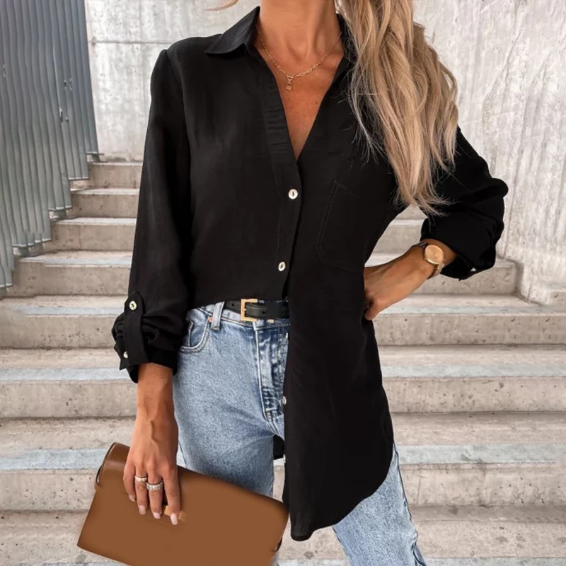 2025 Spring Casual Long Sleeve Loose Fit Button Up Collared Shirts Women