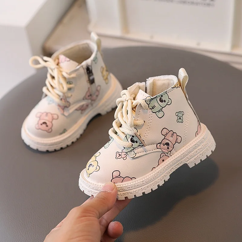 2024 fall and winter new two cotton warm female baby thin velvet lace-up leather boots boys mid-top boots cute bear short boots