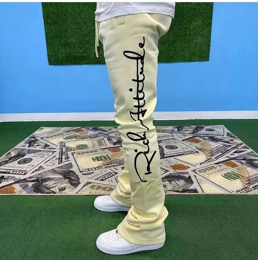 Bubble Letters Foam Custom Print Stretch Trending Gym Straight Leg Stacked Flared Sweat Vintage Pants Men