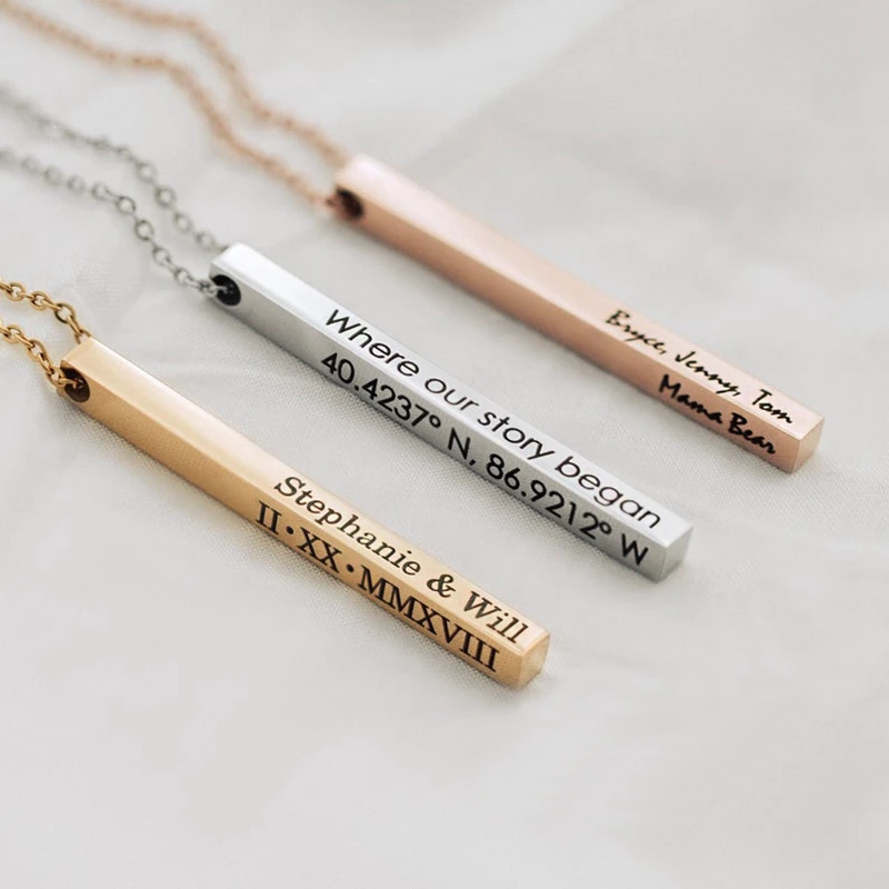 Stainless Steel Engraved 3D Bar Pendent Necklace Personalized Engrave Name Date Text  Bar Pendant Custom Necklace Men Jewelry
