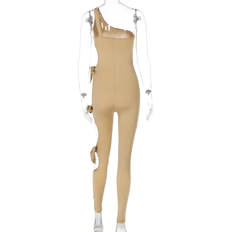H6866 - fashion bodycon sleeveless one shoulder solid hollow out women jumpsuit