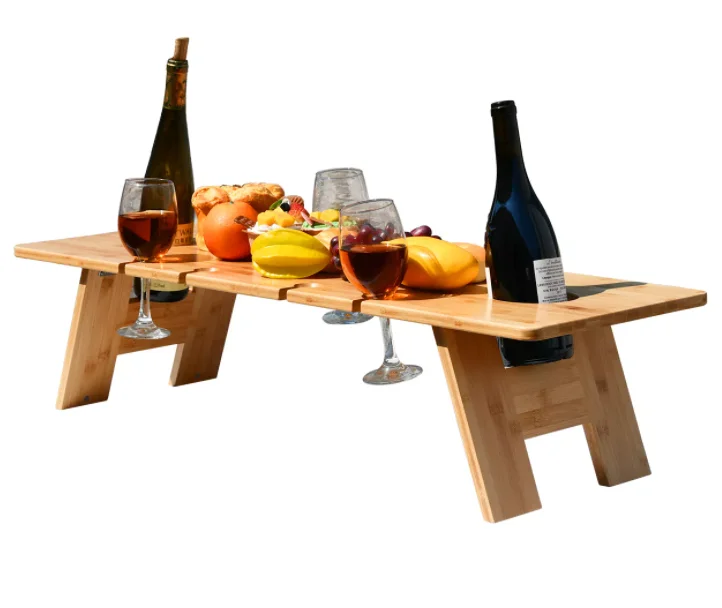 Foldable legs Bamboo Snack Table with Wine Bottle and Glass Holder Large Bamboo Picnic Table Organizer