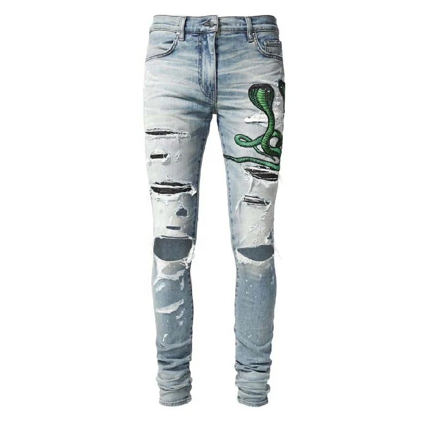 Factory customized 3D Distressed Stacks embroidered Snake Whiskers Denim Jeans For Men