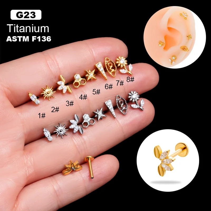 YICAI G23 Titanium Star Sunflower Earrings for Women Cubic Zirconia Flat Back Conch Helix Piercing Geometries Labret Studs