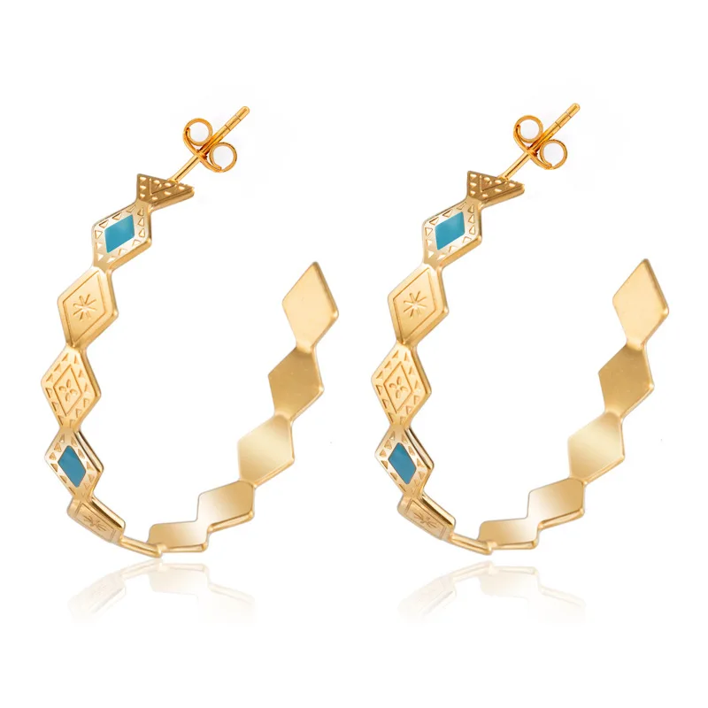 Popular Exquisite Geometric Stainless Steel Personality Shape Earrings Teal Enamel Open Cuff Titanium Earring For Women