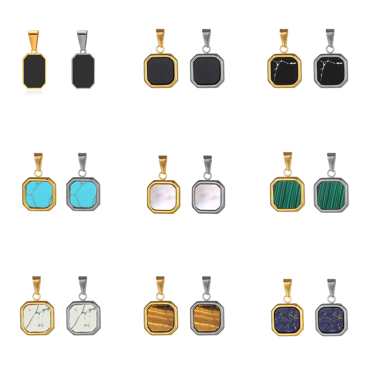 Vintage Gemstone Tiger Eye Black Onyx Malachite Green Pendants 18k Gold Plated Stainless Steel Natural Stone Pendant