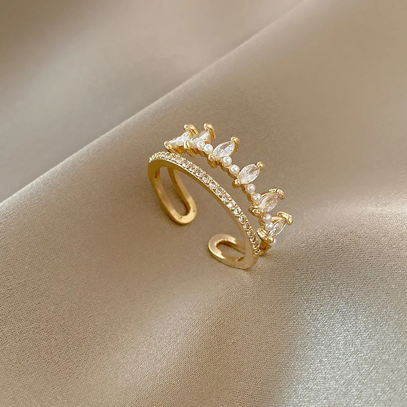 18K gold crown diamond ring female simple Korean style design open index finger ring