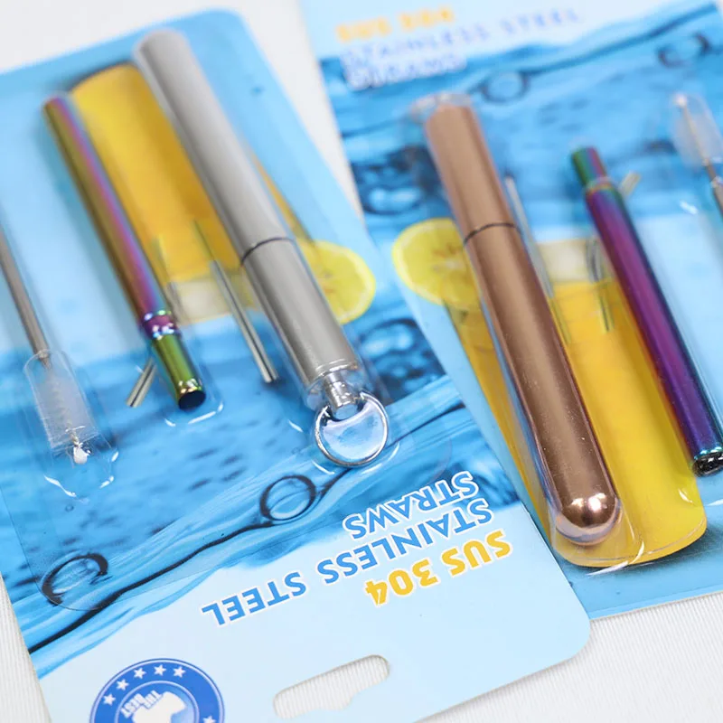 Portable High-End 304 Foldable Reusable Custom Telescopic Stainless Steel Metal Collapsible Drinking Straw with case