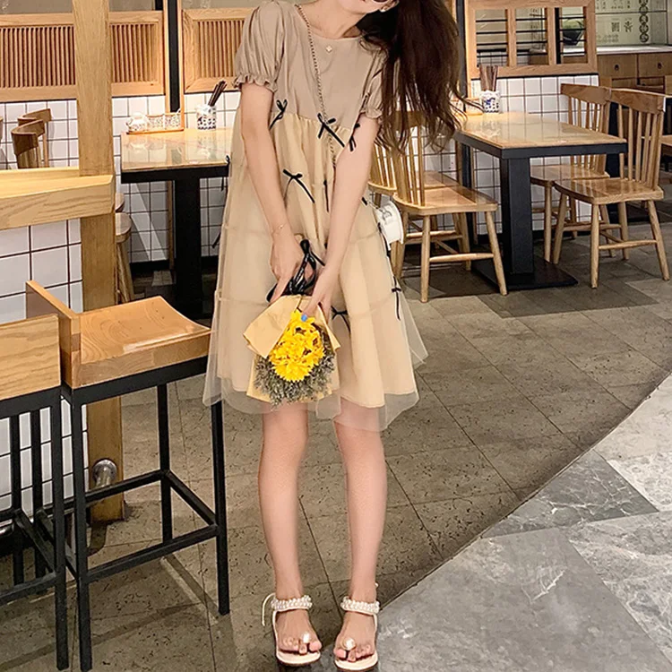 RTS maternity clothing summer print mesh bow puffed sleeve pregnant women dress