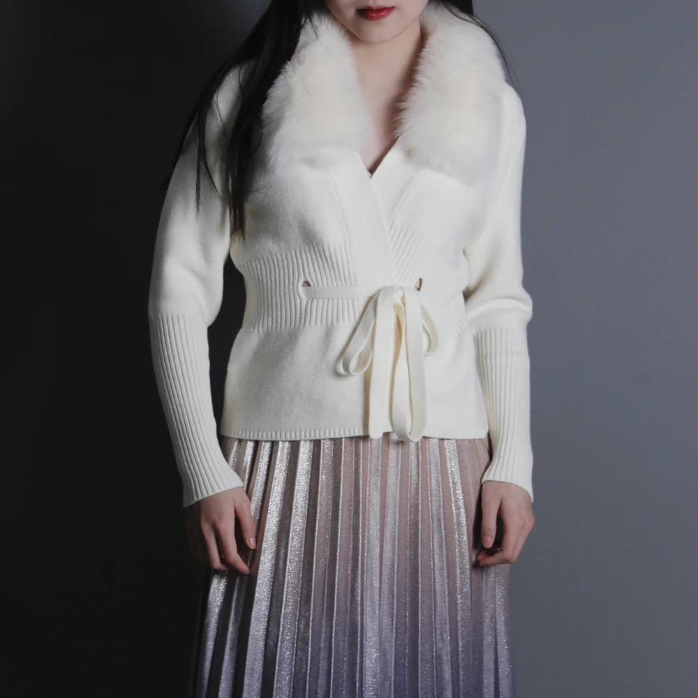 New Arrival Wool Blended Ladies Knit Belted Short Cardigan With Fur Collar