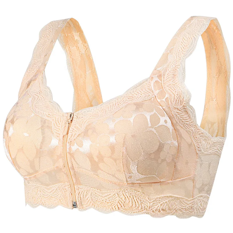 Wholesale Breast Forms Mastectomy Color 100% Cotton Front Closure Zipper Designed With Pockets Bra For Breast Implants Beige
