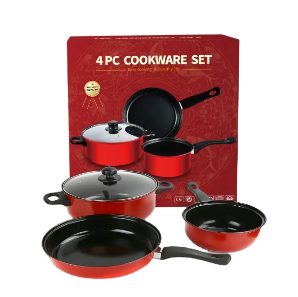 2022 NEW arrival Red 3PCS SETS colorful kitchen pot set combination wok soup pot milk pot 4PCS COOKWARE SET