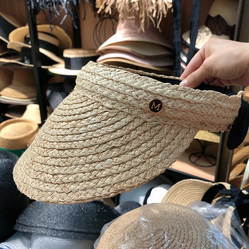 Straw Visor Hat Women Summer Sun Visor Hat Fold able Roll Up Wide Brim Open Top Straw Cap
