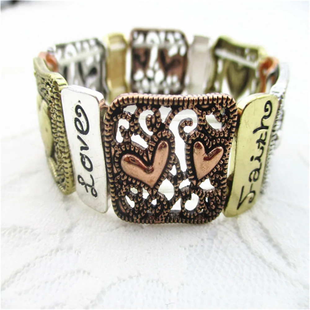 filigree texture mixed plating words of hope,faith,love engraved bracelet