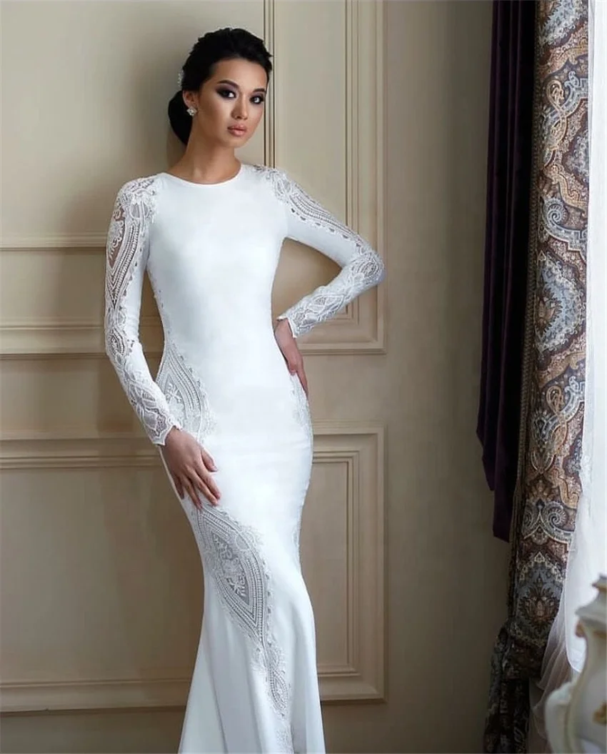 Gorgeous Long Sleeve Lace Satin Wedding Dress Sheath Reception Bridal Gown Plus Size
