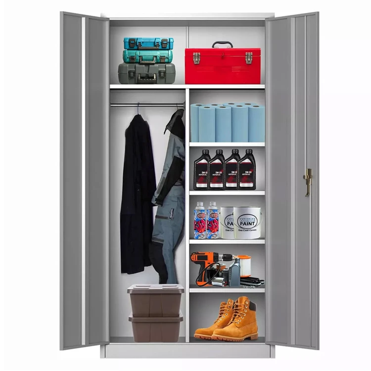 Large Metal Wardrobe Style Storage Cabinet with 3 Adjustable Shelves Cloth Rail Lockable Doors for Home Organization