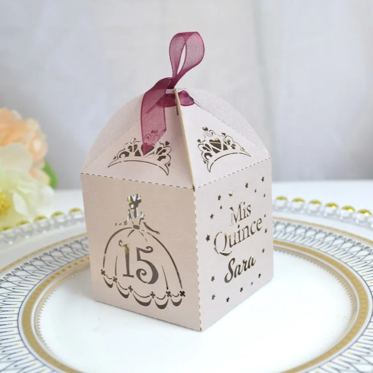 Custom name crown laser cut pink cinderella party favor boxes for sweet 15 decorations