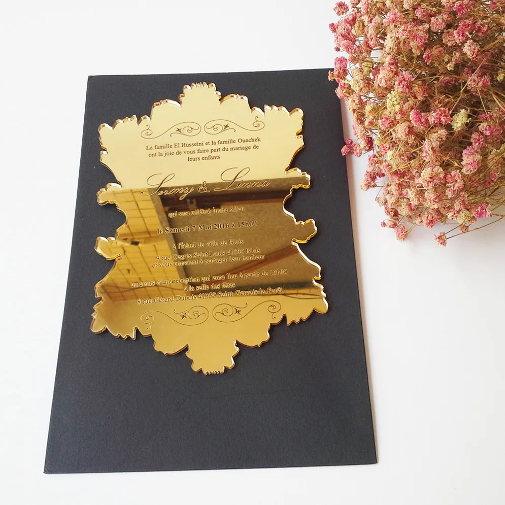 Hot Selling Mirror Acrylic Wedding Invitations Laser Cut Card Popular Wedding Greeting Cards with Envelope