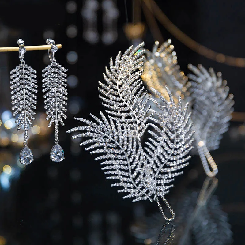 MHG53A High Quality Fashion Feather Headband Earrings Set Bridal Rhinestones Headband Bridal Hair Accessories