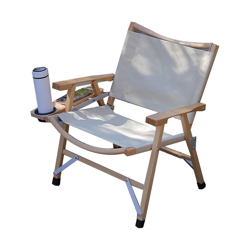 Nordic Simple Solid Wood Deck Canvas Folding Beach Chair Wooden Kermit Chair With Cup Holder For Banquet