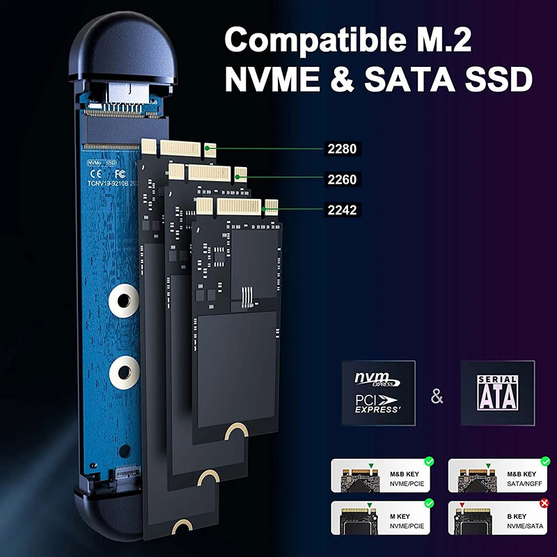 M.2 NVMe SSD Enclosure 10Gbps USB C USB3.1 Hard Drive Case Support 2280/ 2242/ 2260 SSDs External Hard Drive Enclosure