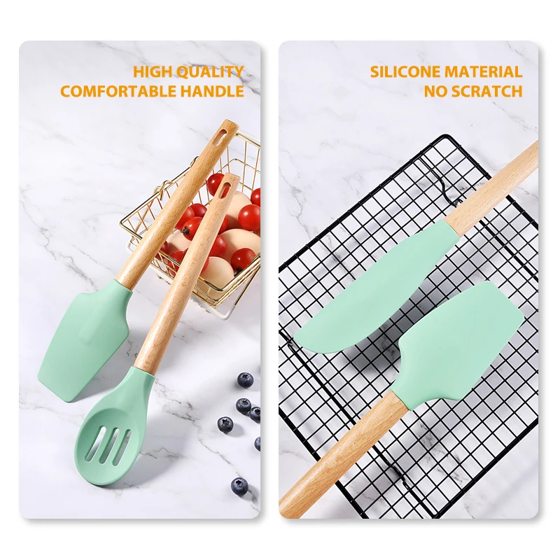Korean Hotel Modern Unique Cheap ECO Friendly Private Label Bulk Silicone Kitchen Utensils Cooking Ware Set Beech Wood Handle
