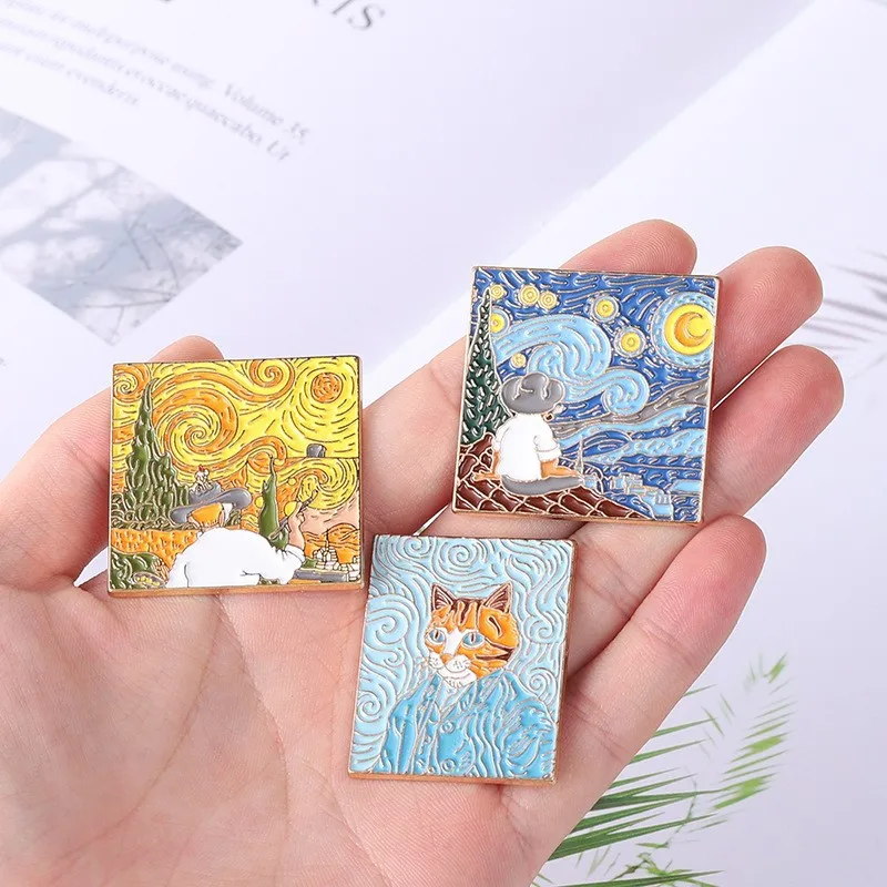Van Gogh oil painting series metal paint corsage figure cat landscape artistic badge accessories