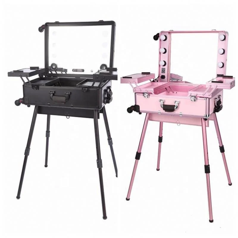 Empty professional trolley vanity traveling wheeled hard shell beauty organizer makeup cases with light mirror