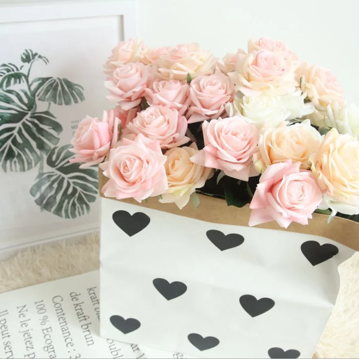 Real Touch Rubber Single Bush Artificial Plastic Flower Artificial Silk Rose Flower Head with Stem