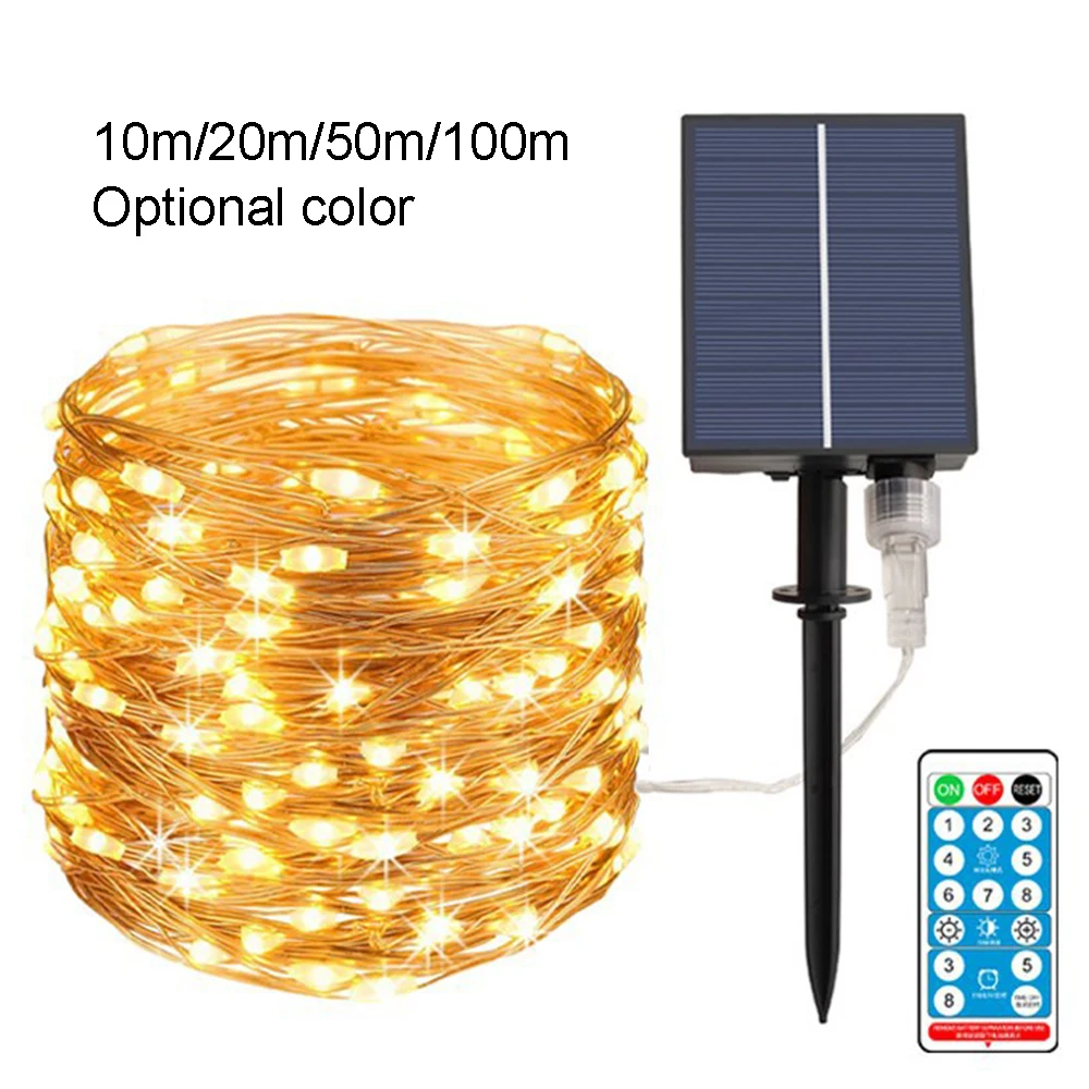 BOKUN Luz LED Light Chain 8 Mode 10m 20m 50m 100m LED Solar Power String Remote Control Copper Wire Light Christmas Decoration