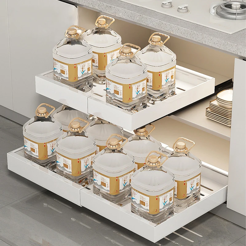 household metal white adjustable pull out Kitchen cabinets mesa slide spice rack tableware storage drawers organization basket