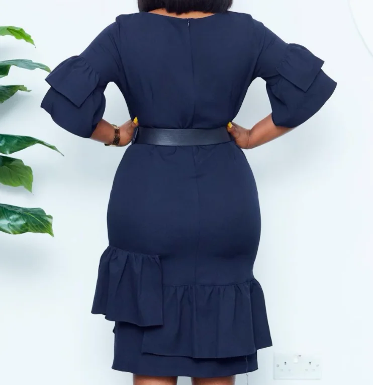 2022 New African Solid Color Half Sleeve Office Dress Ladies Plus Size Career Dresses