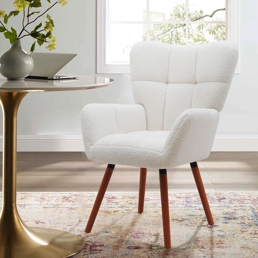 Living Room Single Accent Chair Fabric Cover Foam Seat White Accent Chair With Wood Legs