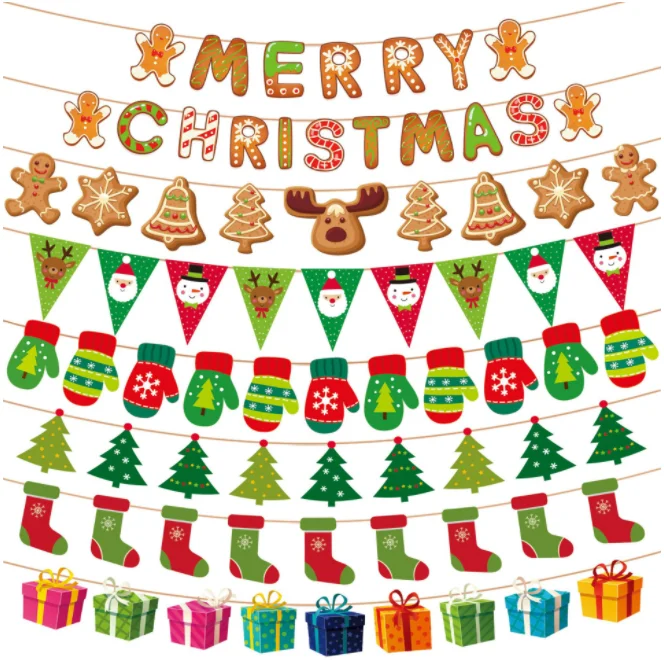 Christmas tree bell Santa boy Snowman reindeer ornament Banners Flags garland for Happy New Year eve Merry Christmas party Decor