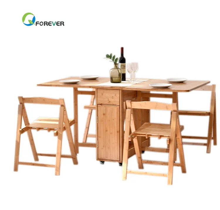 Simple Solid Wood Bamboo Dining Table Foldable  Dining Table Set With 4 Foldable Chairs