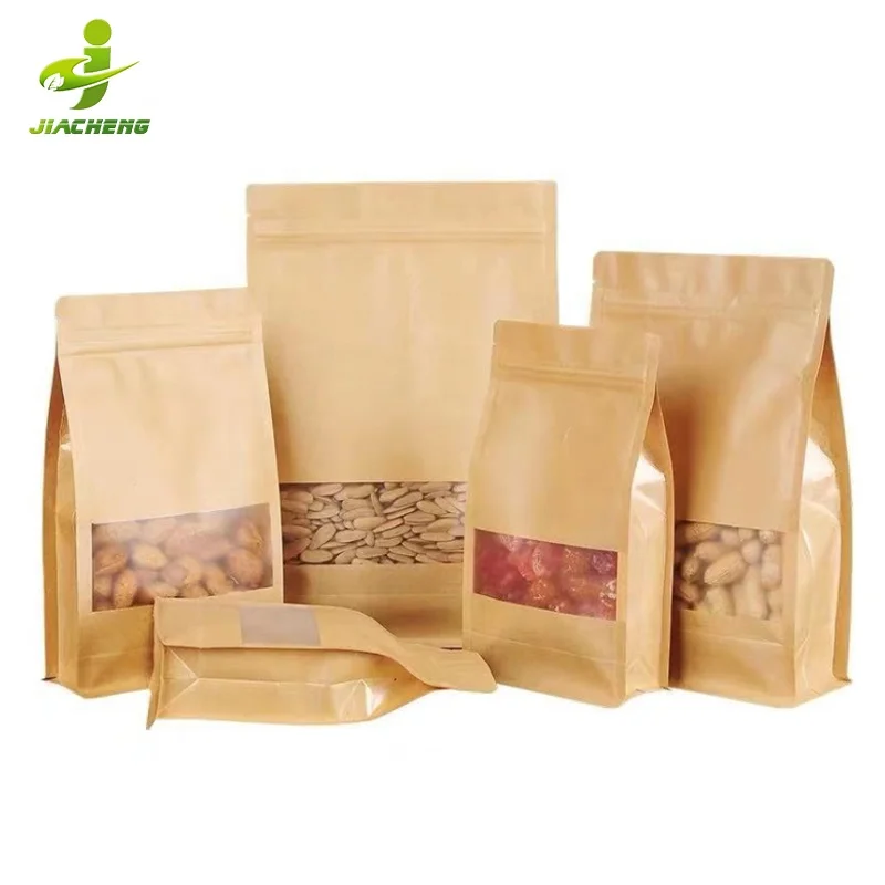 JIACHENG food grade 100g 4000g snack 8 side sealed brown kraft paper stand up pouch square flat bottom bag with window for flour