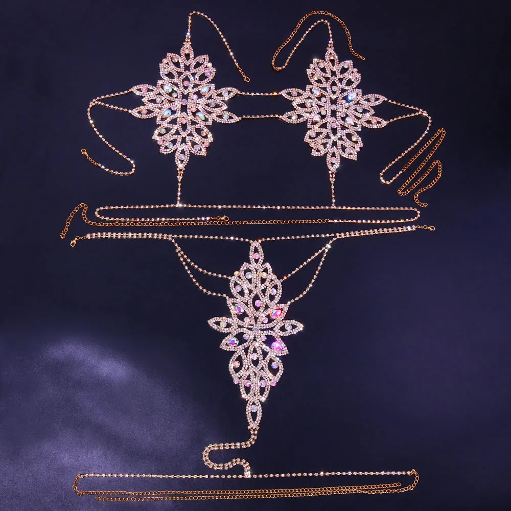 2021 New Summer Platinum Drip Sultress Bra In Large Chain Crystals Bralette Sets Rainbow AB Stone Crystal Body Chain Set