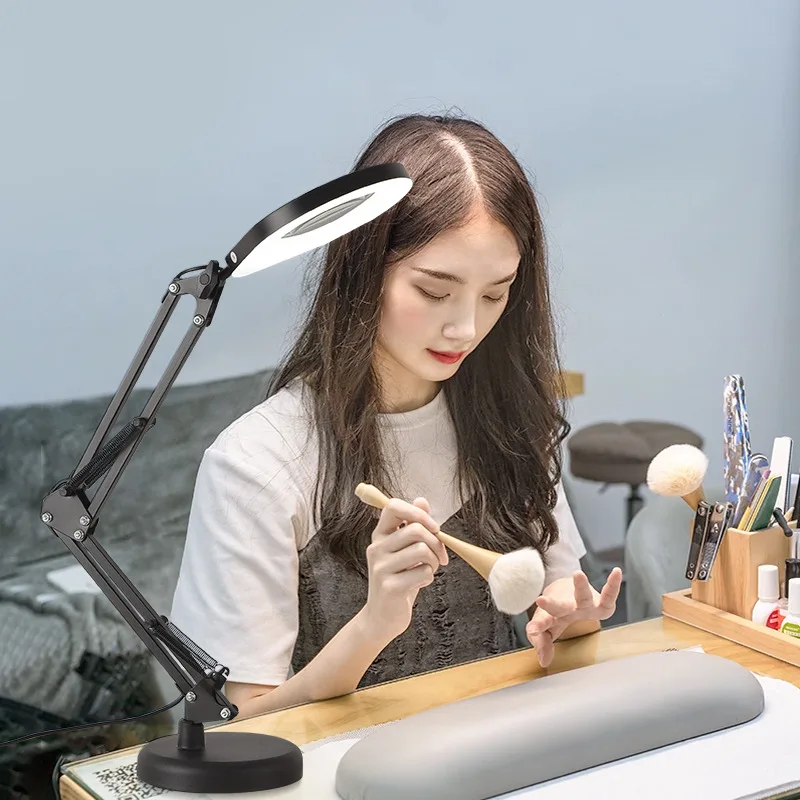 Multifunctional 2 in 1 long arm folding magnifying glass beauty embroider nail table lamp for reading