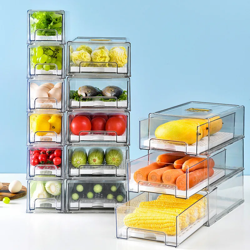Wholesale Pull Out Fridge Vegetable Fruit Seafood Egg Organizer Drawers Clear Refrigerator Storage Box Bins with Draining Tray