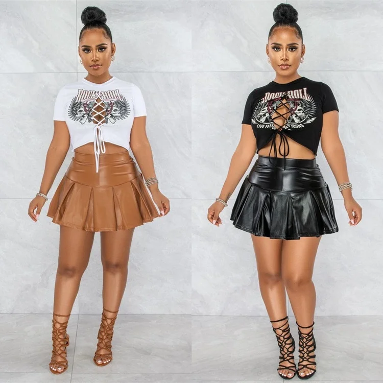 Fashion Women Two Piece Set Hollowed Out Straps Cropped Navel Short Sleeved PU Leather Skirt Suit New Sets Women