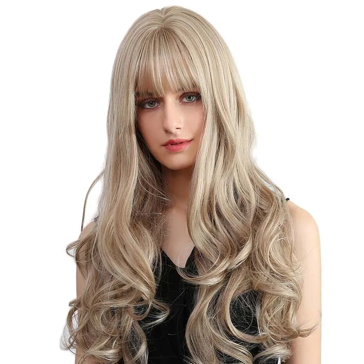 Заводская поставка, новый золотой с челкой, Синтетические длинные натуральные волнистые вьющиеся парики для женщин
