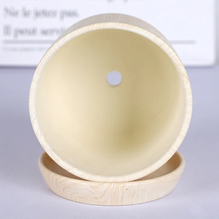 Modern Ceramic wood grain pot pot planting basin bottom perforated drainage belt with the same type of tray used for indoor