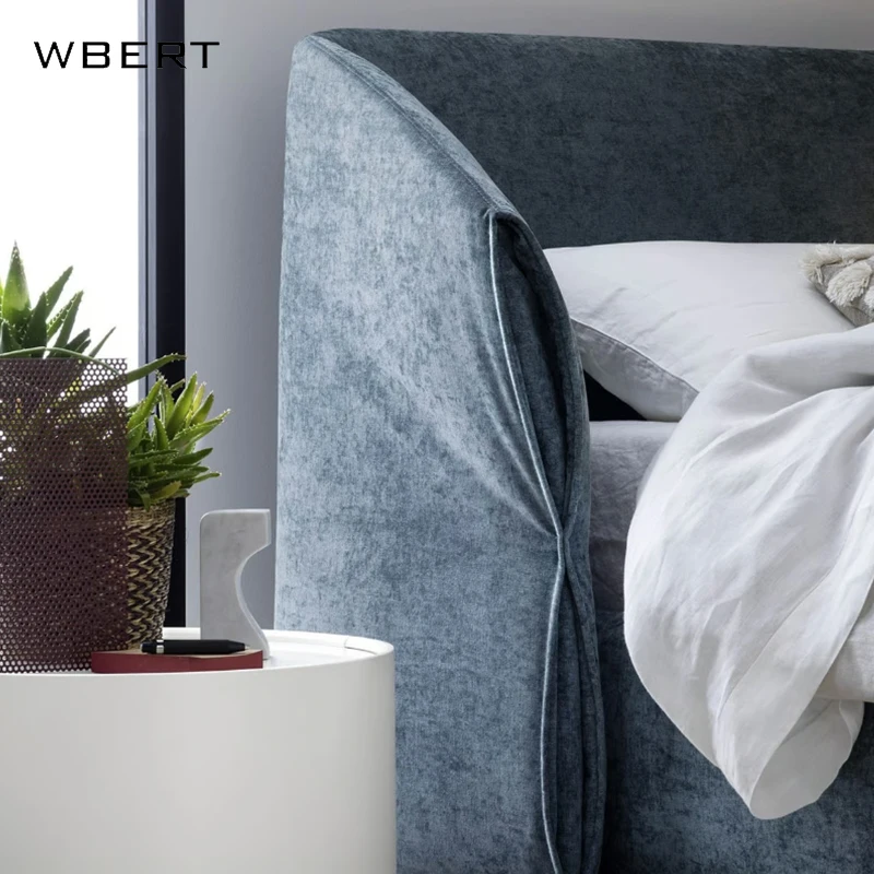 WBERT Modern Design Double Bed with Creative Fabric Backrest Soft Cushion Bed with Wooden Frame for Villa Household Furniture