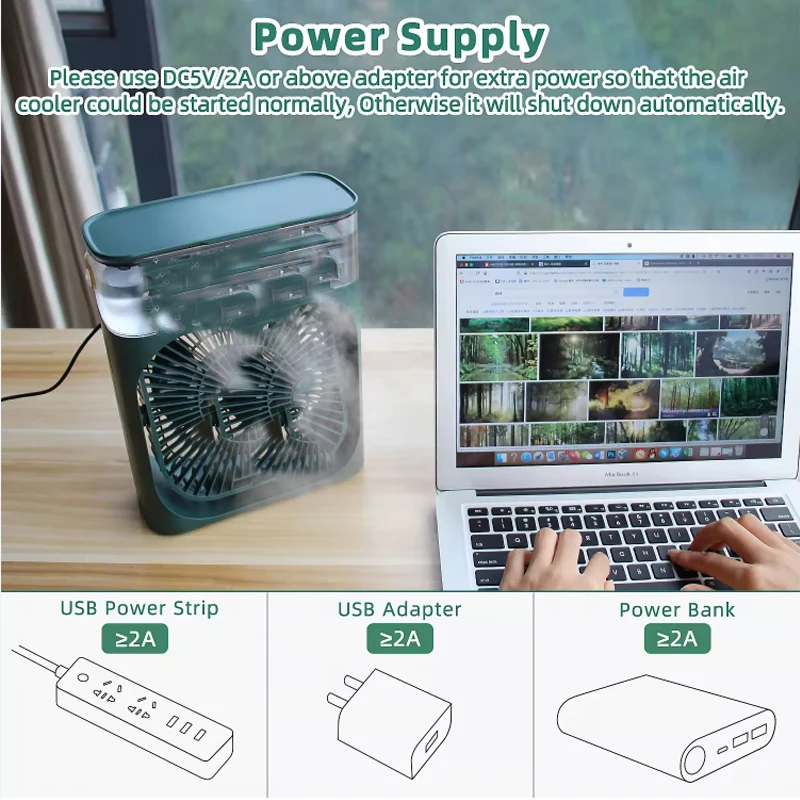 Summer  air cooling humidifier water air cooler 3-in-1 mini portable plastic add ice fan with 7 color light