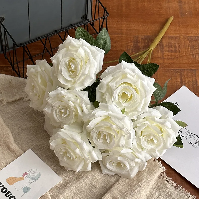 Hot Sale Silk Rose Wedding Flower Bouquet Bulk 9 Heads Silk Rose Bouquet Flowers For Bridal