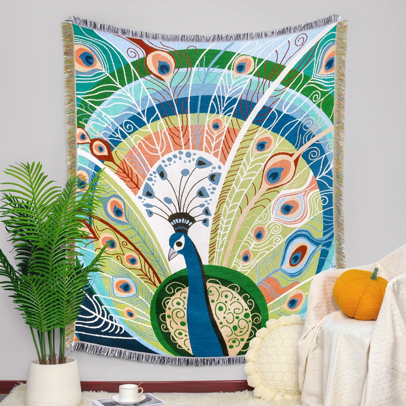 Home decoration 100% cotton Peacock pattern tapestry tapestry blanket custom