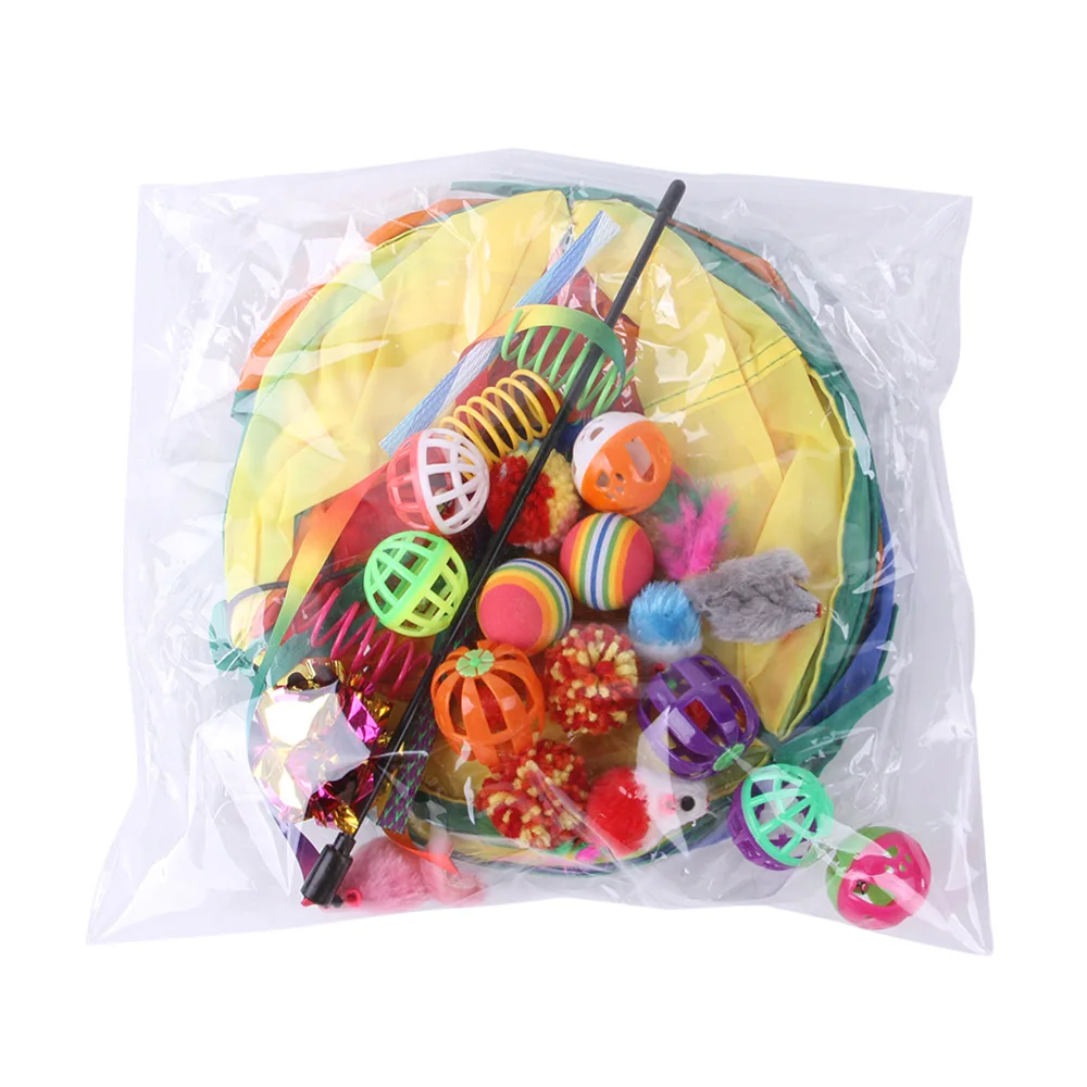 24 Packs Assortments Cat Kitten Toys Tunnel, Teaser Wand Toy Fluffy Mouse Crinkle Balls Cat Tube