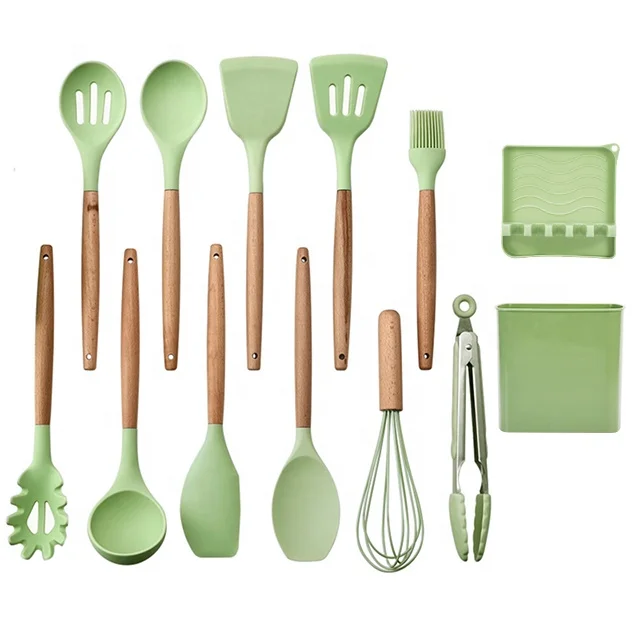 Heat Resistance Green Silicone Kitchenware Wooden Handle Spoon Spatula Turner Ladle Tongs Kitchen Utensils Set Cookware