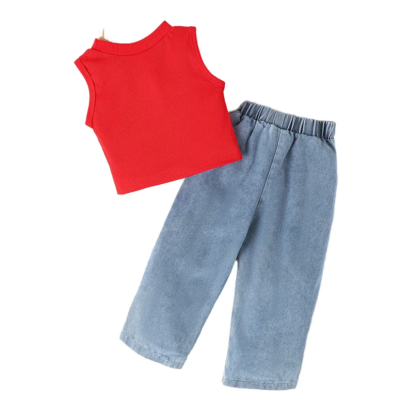 Cartoon girls Jeans sets Kids Clothing Casual Baby sets Denim Infant Trousers Boy Children Pants Boy Jean sleeveless tshirt suit