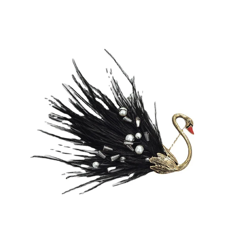 Vintage Elegant Personalized Swan Black Feather Brooches Pin Pearl Real Feather Brooch For Women